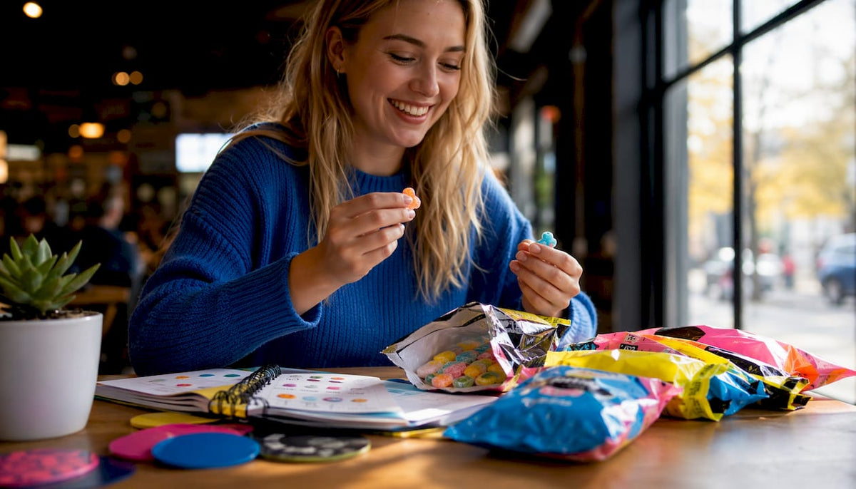 Woman unboxing sour Swedish candy at kitchen table