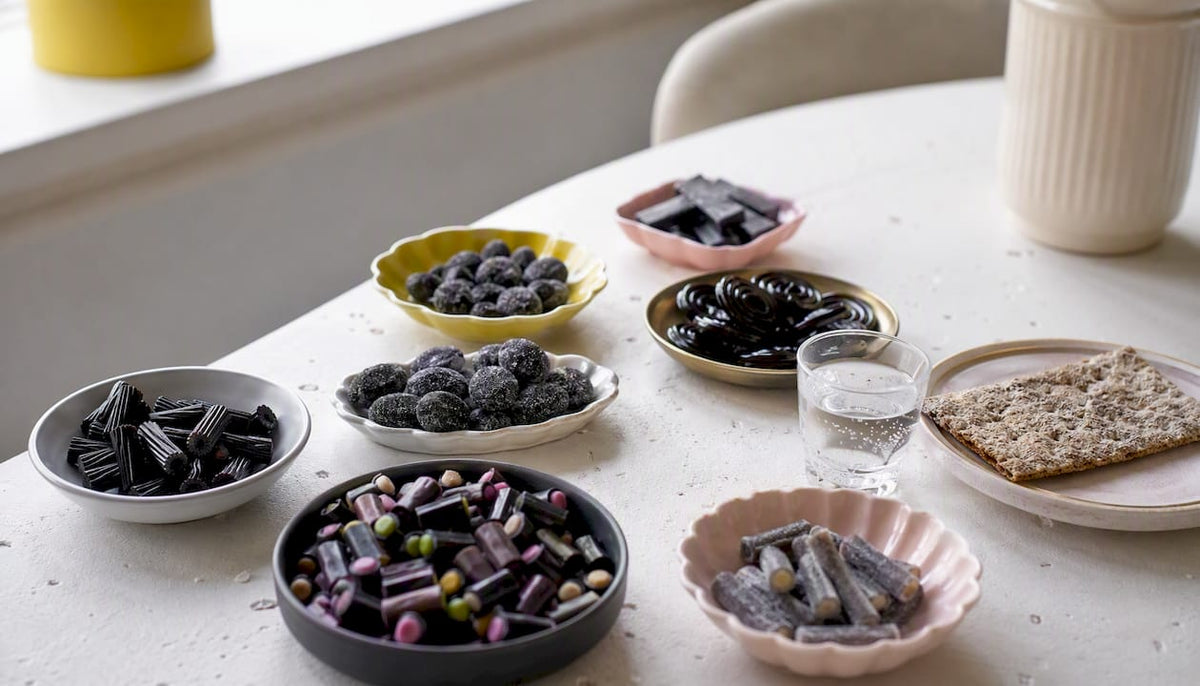 Assorted salty licorice and tasting setup
