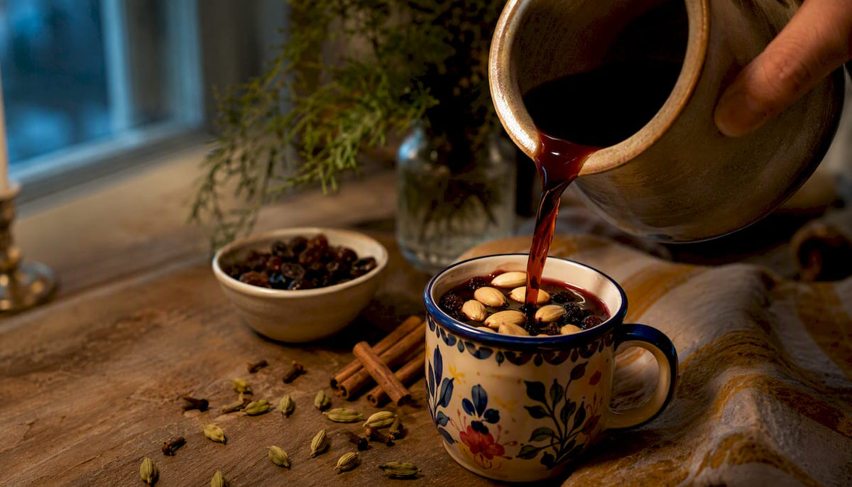 Pouring non-alcoholic glögg with spices and garnishes