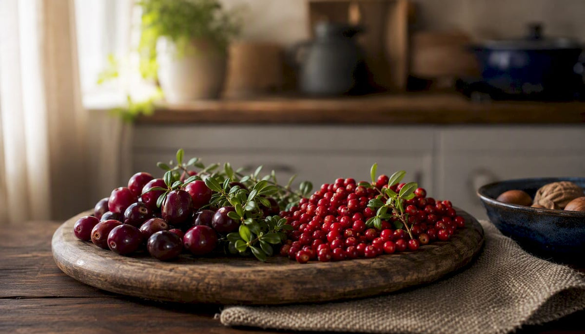 Fresh lingonberries and cranberries side by side