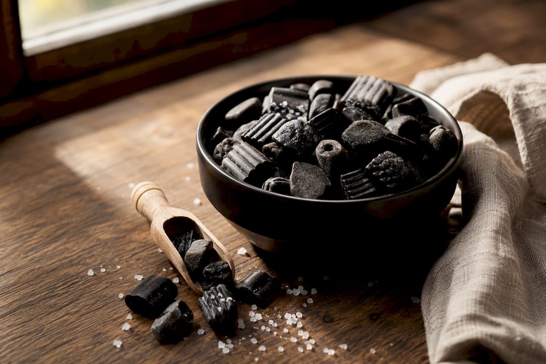 Bowl of assorted Swedish salty licorice candies