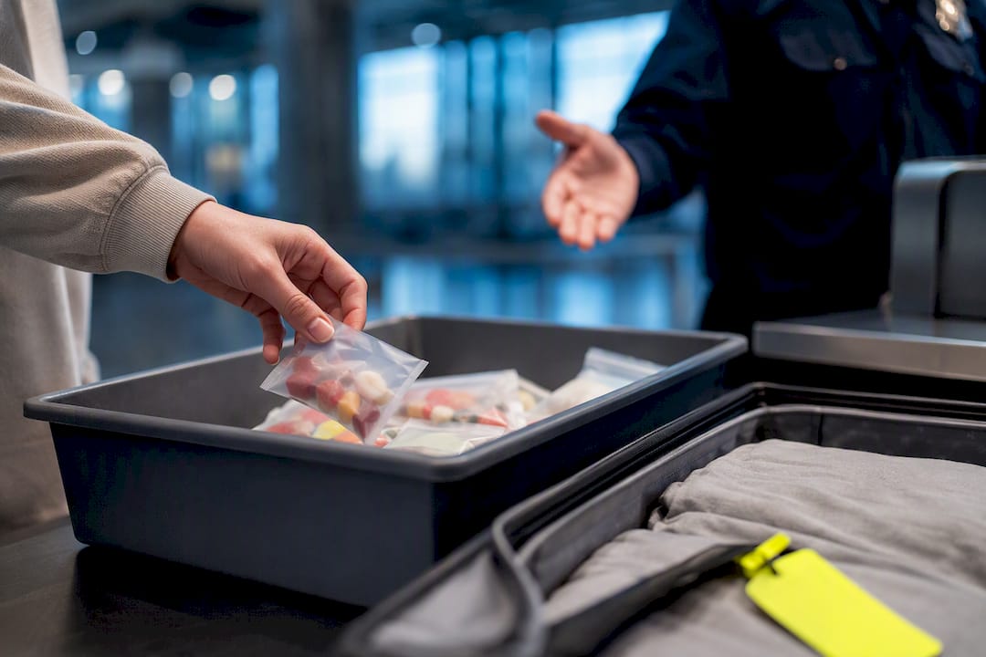 Sealed candy packets in customs inspection tray