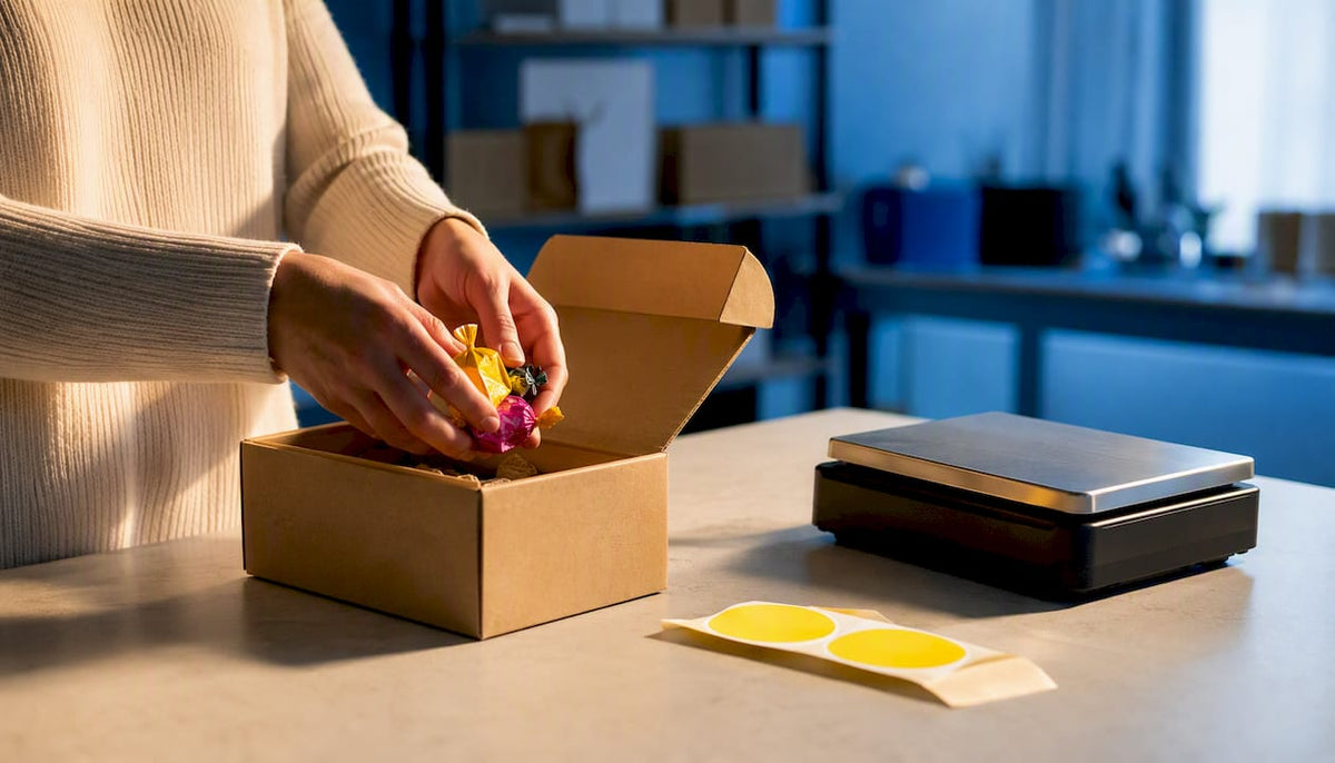 Hands packing anonymous candy for international shipping