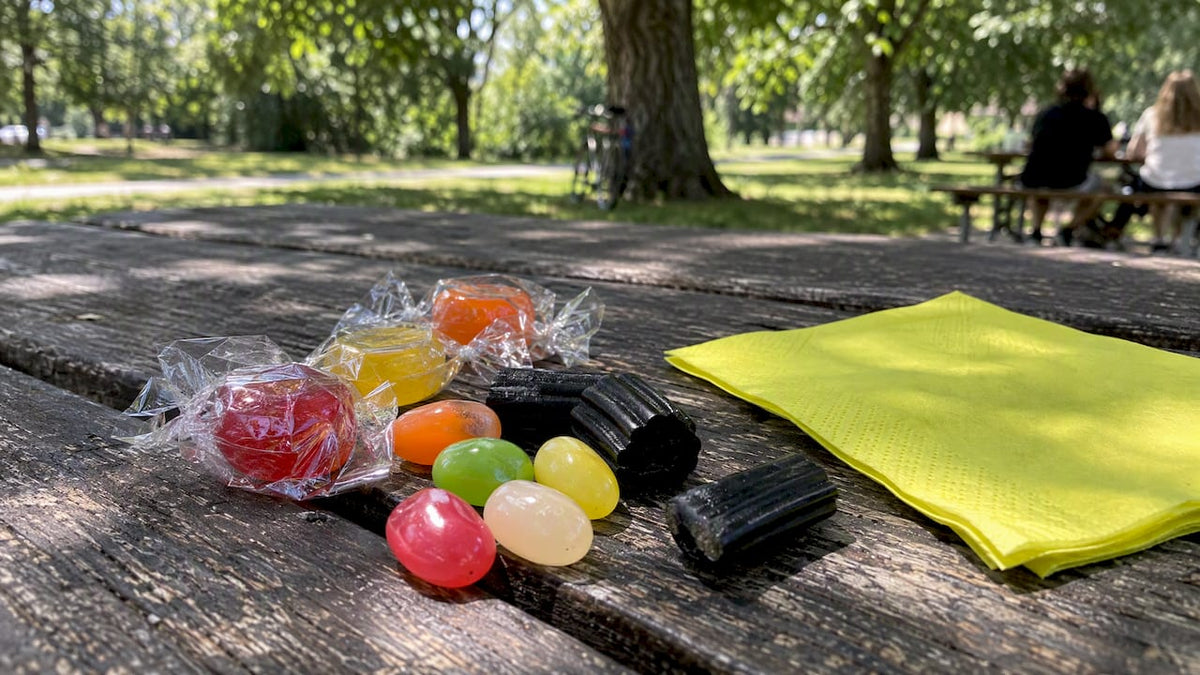 Sturdy sweets arranged on a shaded picnic table