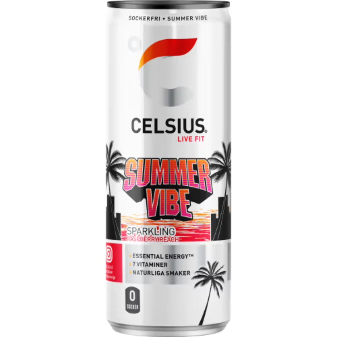 Celsius Summer Vibe Raspberry Peach Energidryck Burk - Raspberry Peach Energy Drink 35.5cl