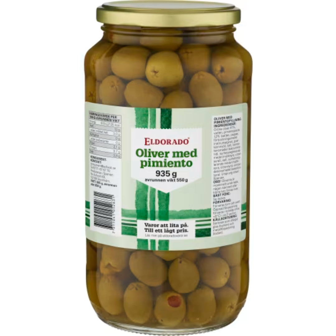Eldorado Gröna Oliver med Pimiento - Green Olives Stuffed with Pimiento 935g