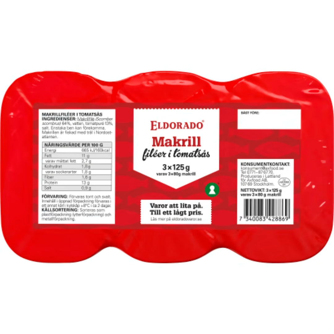 Eldorado Makrillfiléer i Tomatsås - Mackerel Fillets in Tomato Sauce 3x125g
