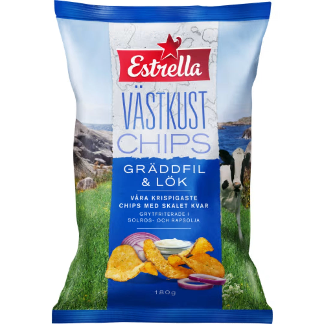 Estrella Västkustchips Gräddfil & Lök Släta - Chips with Sour Cream and Onion flavour 180g