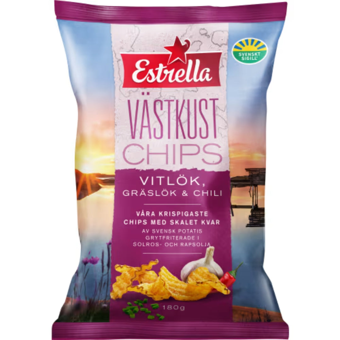 Estrella Västkustchips Vitlök Graslök Chili - Chips with Garlic, Chives & Chili flavour 180g