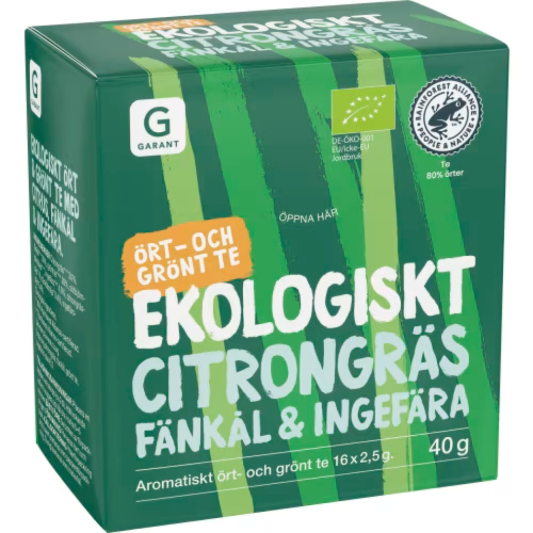 Garant Eko Citrongrsk Fänkal & Ingefära Te - Orgaaninen yrtti- ja vihreä tee sitruunaruoholla, fenkoli ja inkivääri 16p