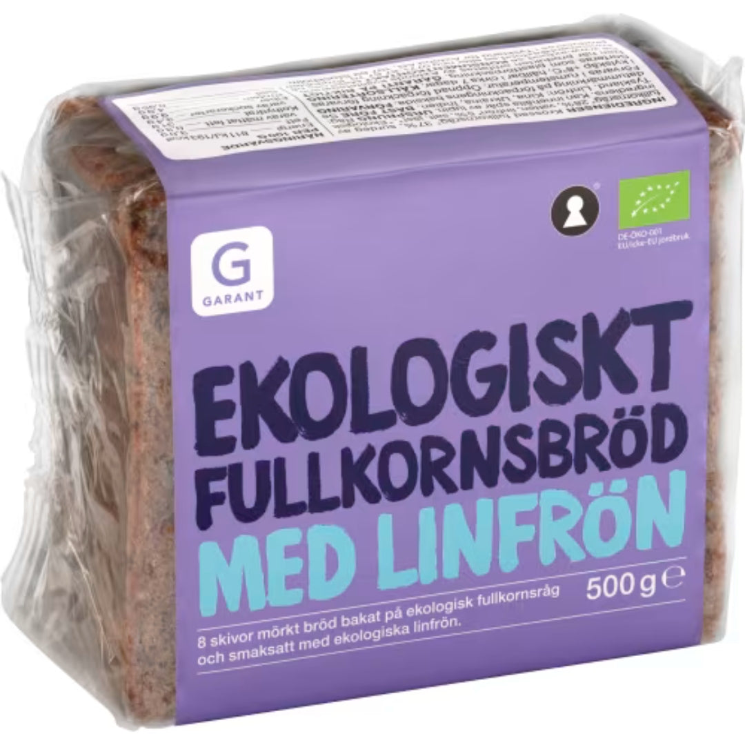 Garant Eko Fullkornsbröd med Linfrön 8-skivor Fullkronsråg - Organic whole grain bread with flaxseeds 500g