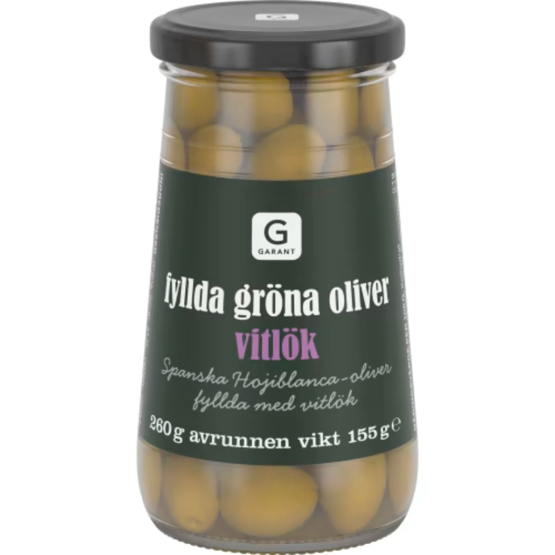 Garant Gröna Oliver med Vitlök - Green Olives Stuffed with Garlic 260g