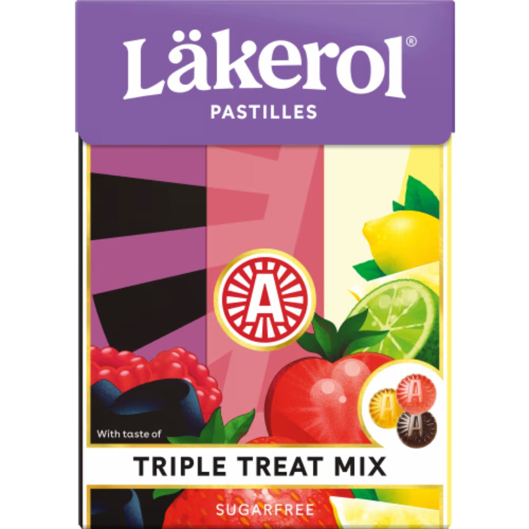 Läkerol Triple Treat Mix - Pastilles in Lemon, Strawberry Lime & Raspberry Licorice Flavors 75g