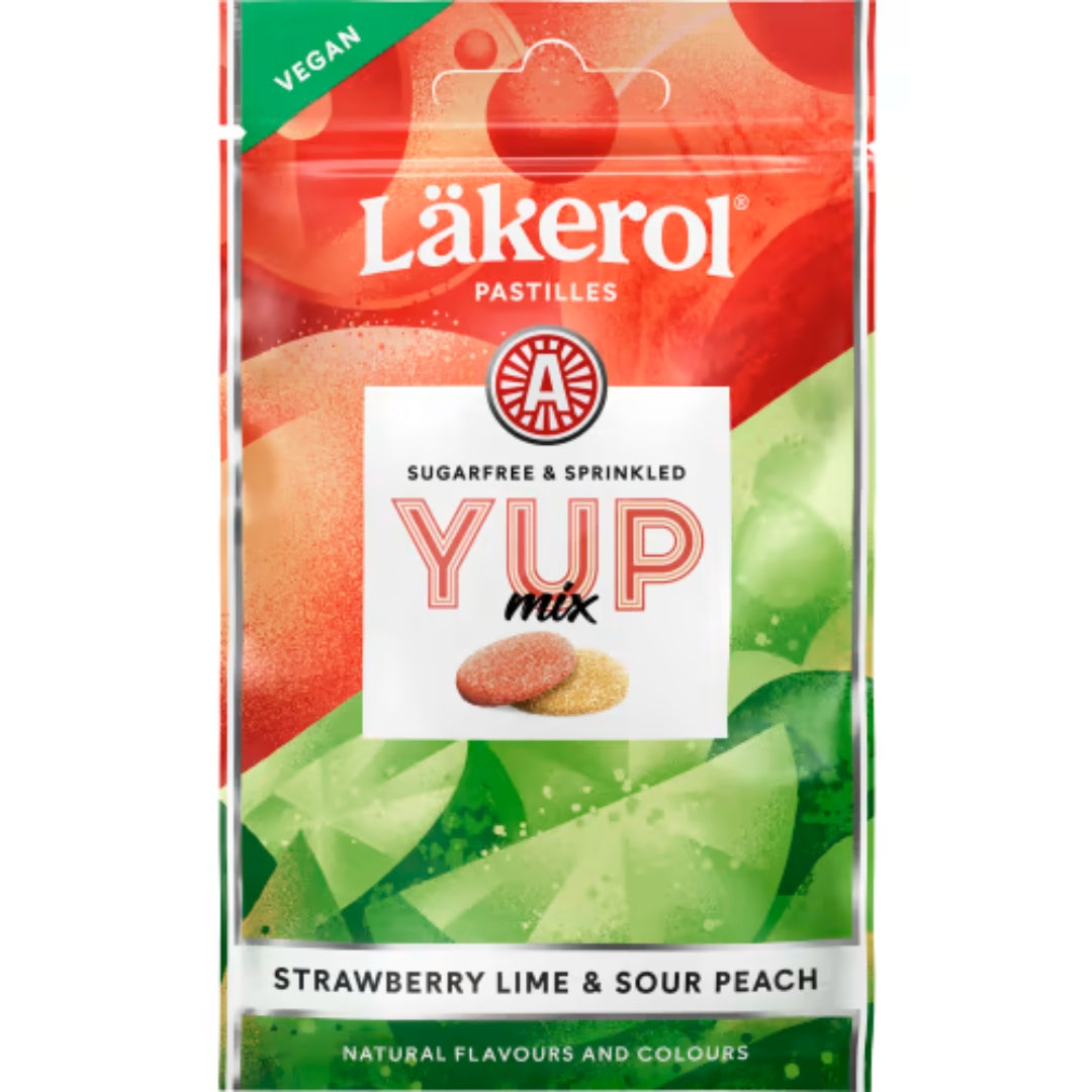 Läkerol yup Mix Erdbeer Limetten Sour Pfirsich - Zuckerfrei und vegane Pastillen 30g