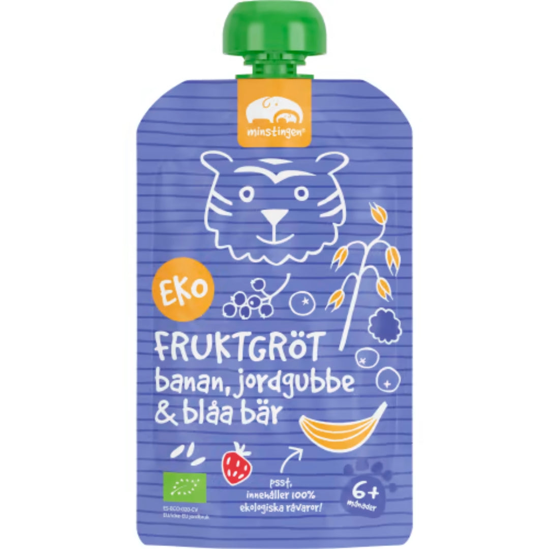 Minstingen Fruktgröt Banan Jordgubb 6 Månader - Organic Fruit Porridge Pouch Banana, Strawberry & Blue Berries 120g