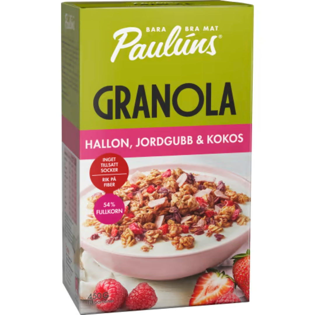 Paulúns Hallon Jordgubb Kokos Granola - Raspberry, Strawberry & Coconut Granola 450g