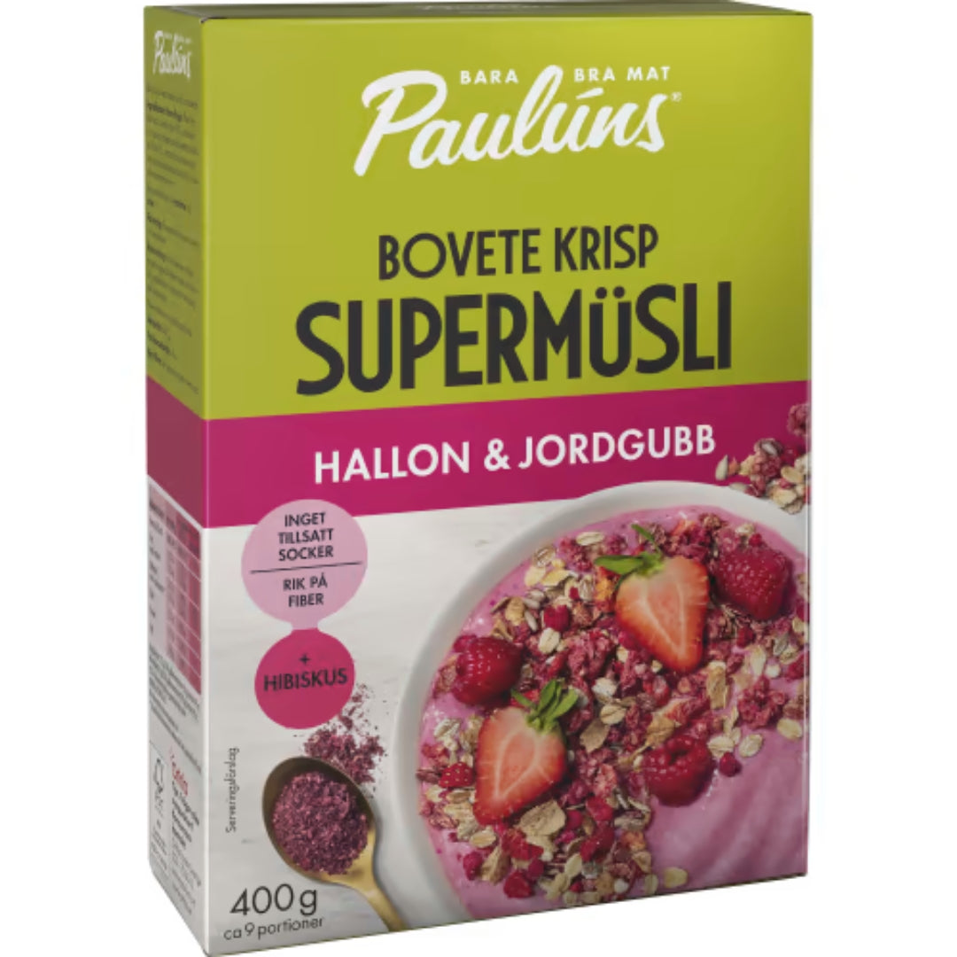 Paulúns Hallon Jordgubb Supermüsli - Super Muesli with Raspberry, Strawberry & Hibiscus 400g