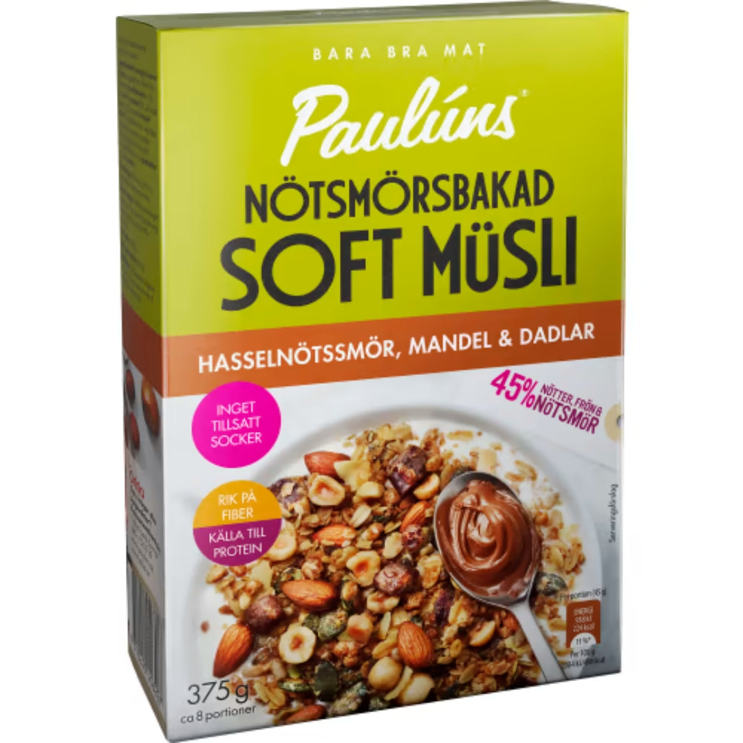 Paulúns Soft Müsli Hassel Mandla Dadlar Nötsmörsbakad - Soft Muesli with Hazelnut Butter, Almond & Dates 375g