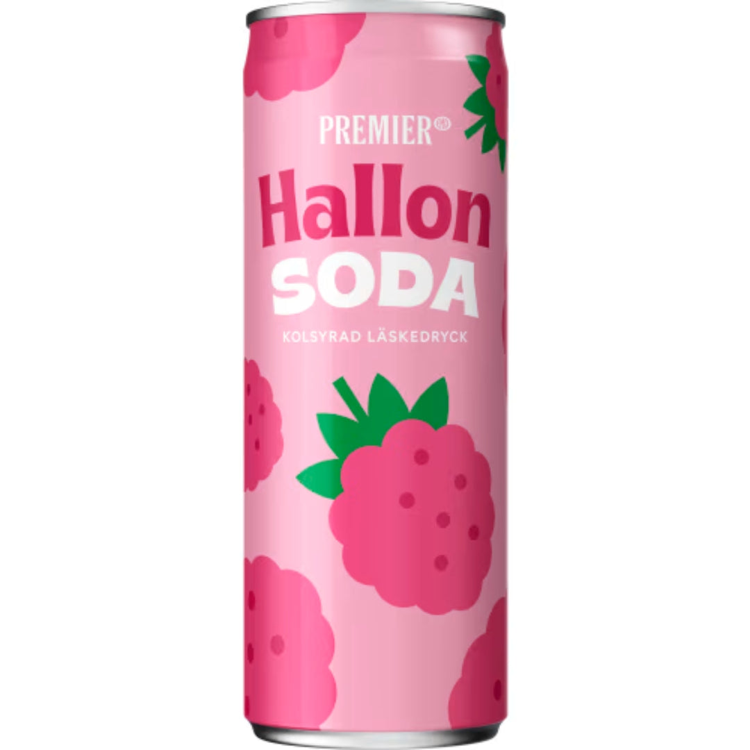 Premier Hallonsoda Läsk burk - Carbonated Soft Drink with Raspberry Flavor 33cl