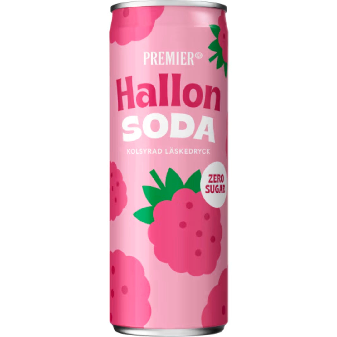 Premier Hallonsoda Zero Läsk burk - Sugar-Free Carbonated Soft Drink with Raspberry Flavor 33cl