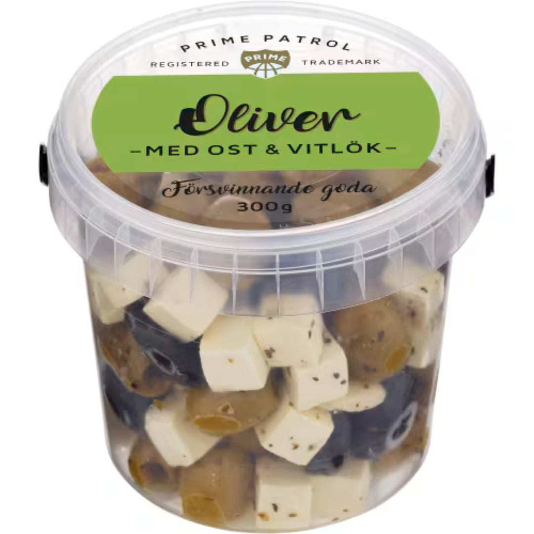 Prime Patrol Ost O Vitlök Oliver - Mezcla de oliva con queso y ajo - 300 g