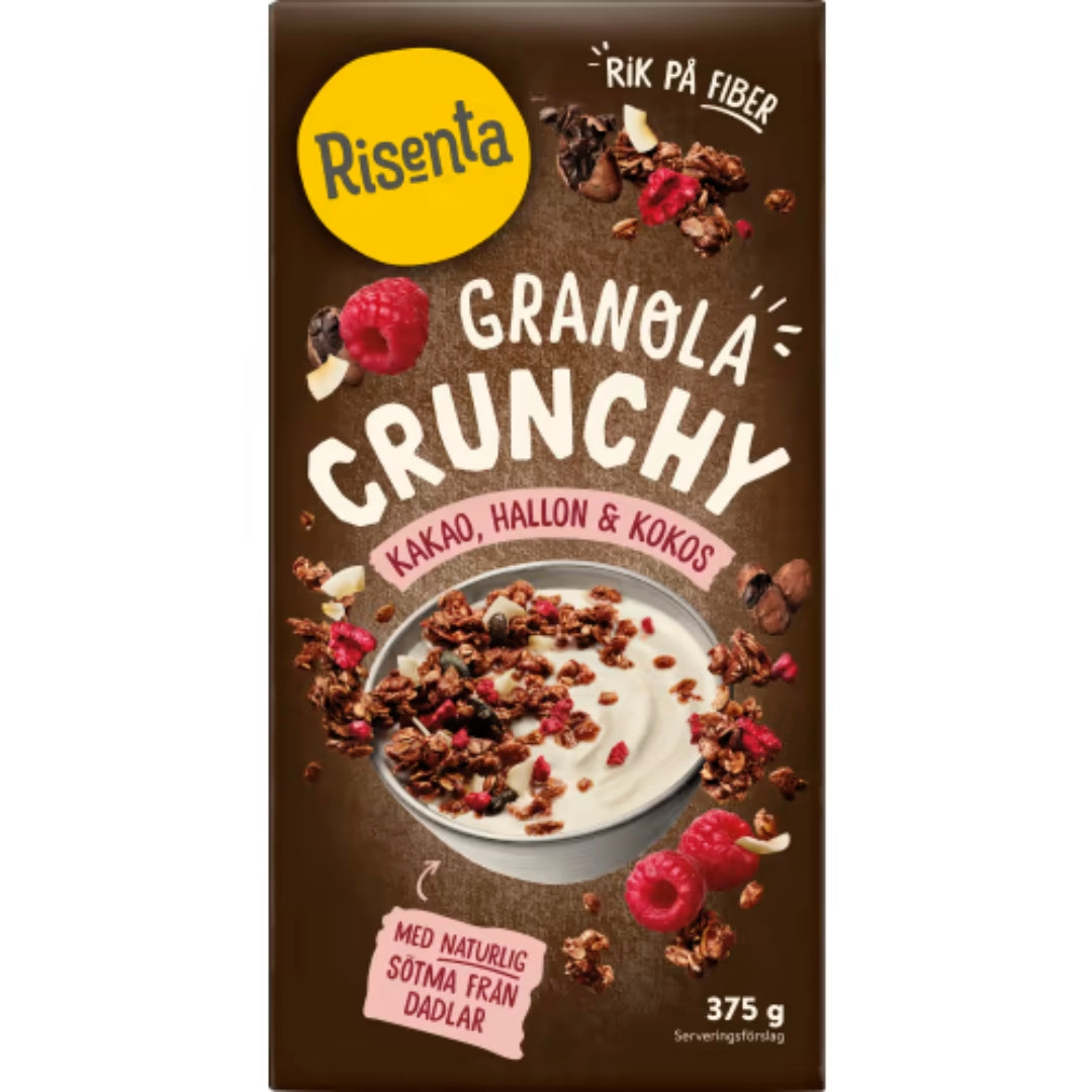 Risenta Kakao Hallon Kokos Crunchy Granola - Golden Granola with Cocoa, Raspberry & Coconut 375g