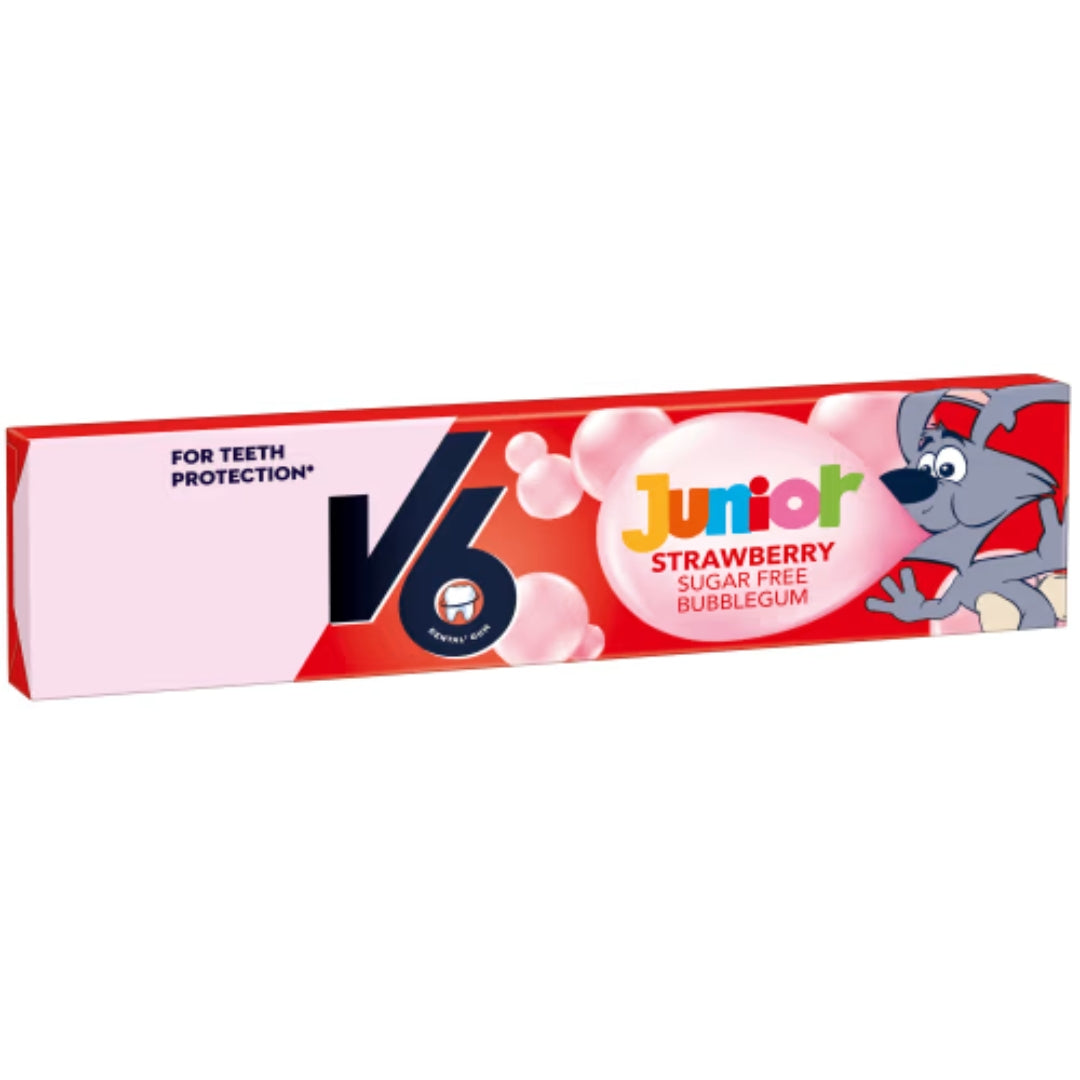 V6 Junior Jordgubb Tuggummi - Strawberry-Flavored Sugar-Free Bubble Gum 22g