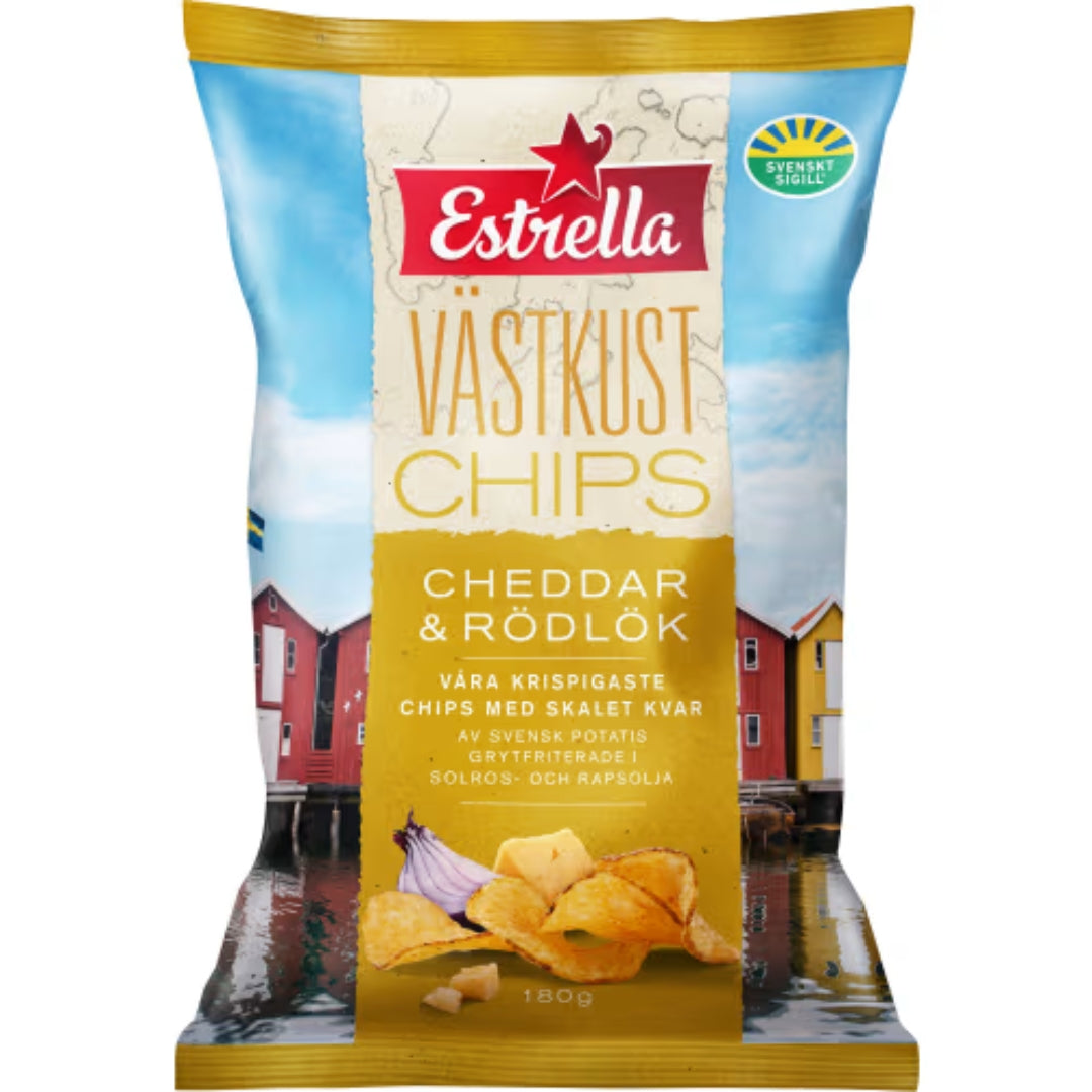 Estrella Västkustchips äkta Cheddar & Rödlök - Chips with Cheddar & Red Onion flavour 180g