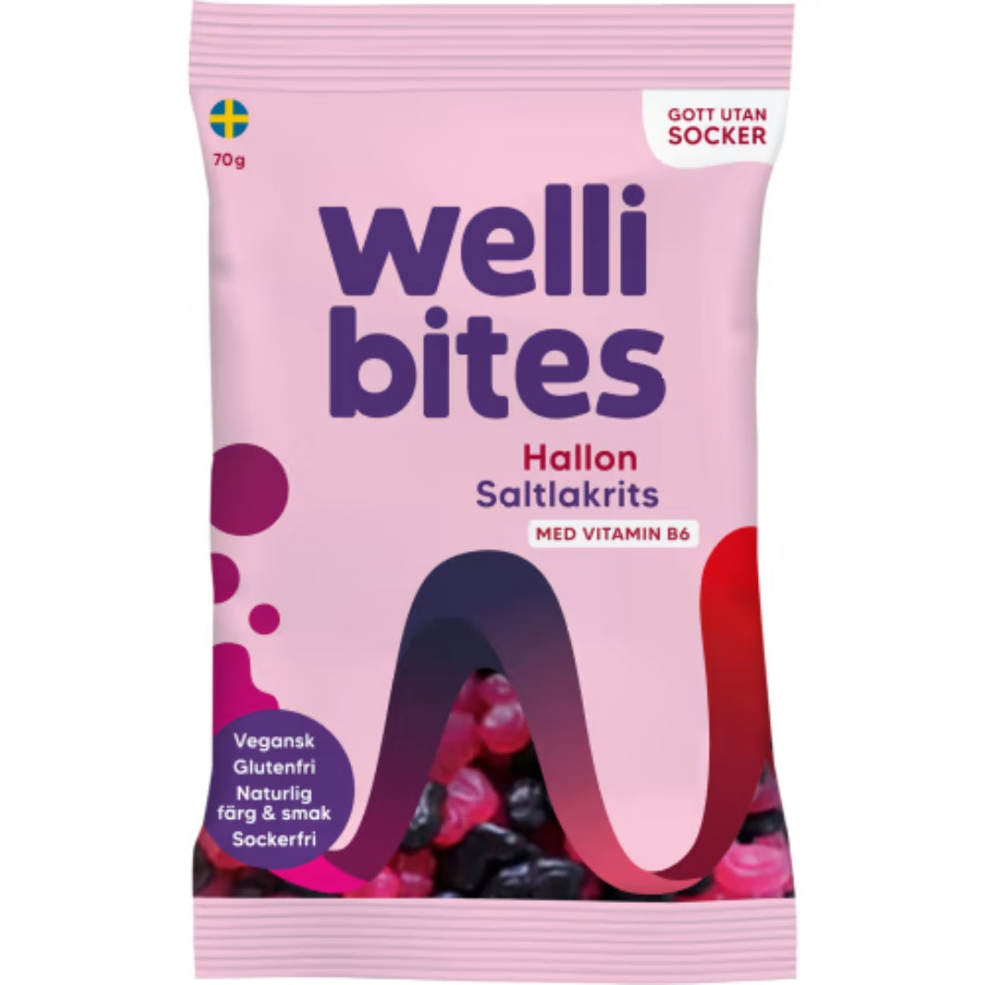 Wellibites Hallon/saltlakrits Sockerfri Vegan - Vegan and Sugar free Gummy Candys 70g
