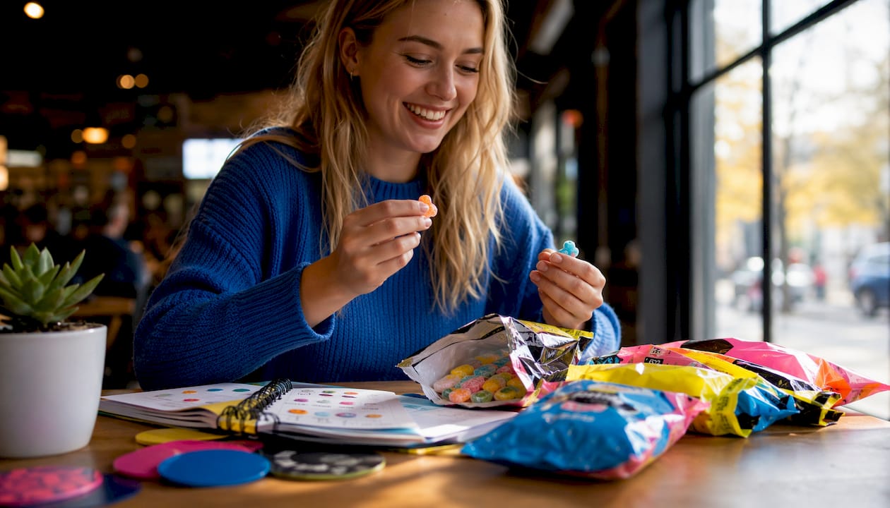 Woman unboxing sour Swedish candy at kitchen table