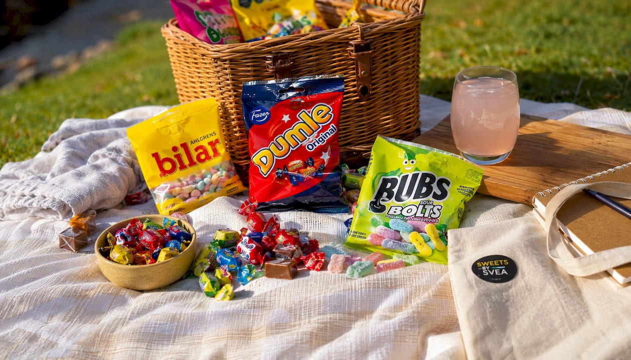 Top-down view of assorted Swedish candies on table