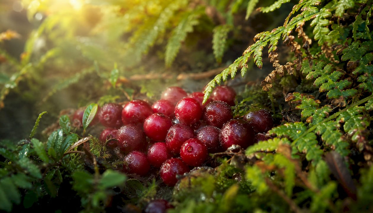 Close-up of ripe lingonberries on forest floor
