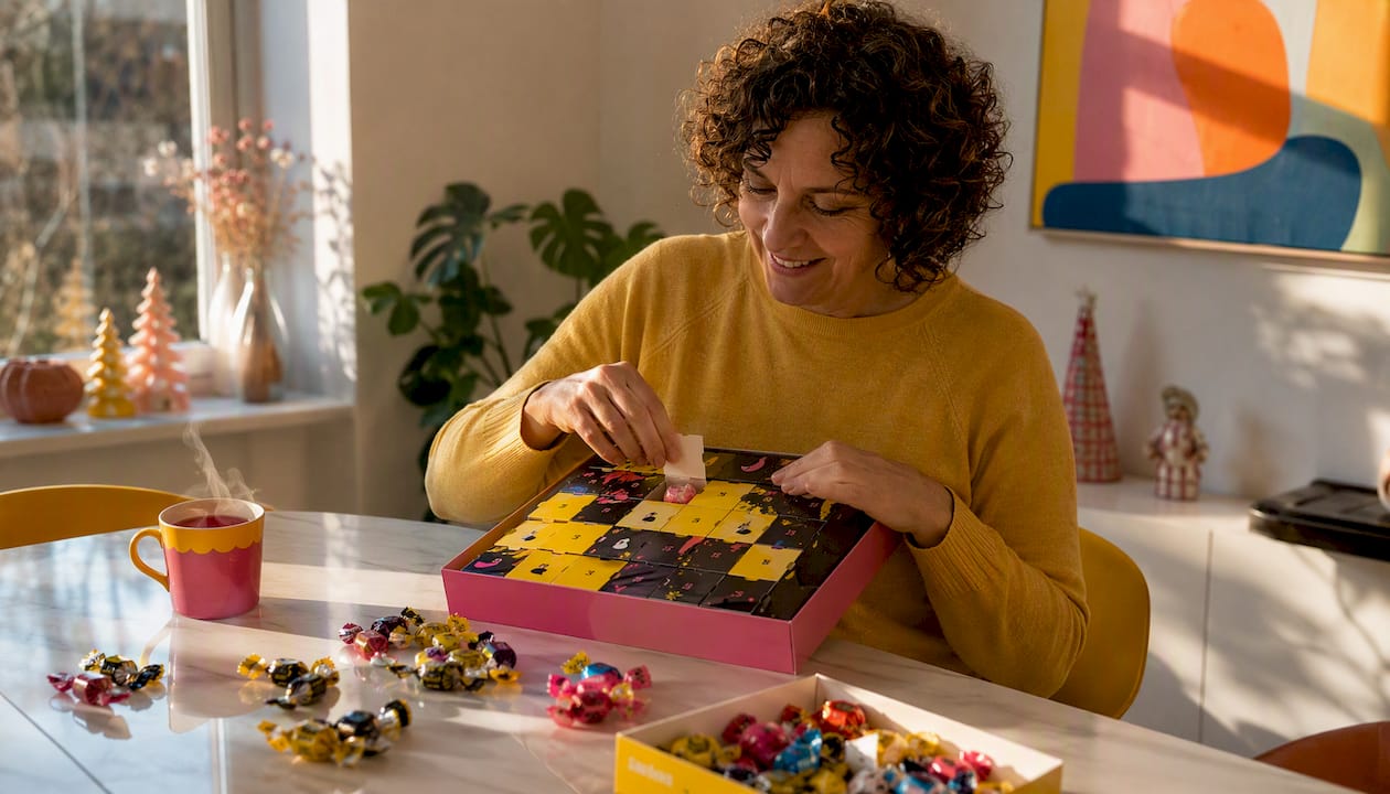 Woman unboxing Swedish advent calendar at kitchen table