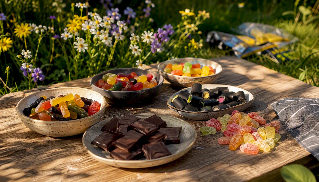 Overhead view of assorted sugar-free Swedish candy