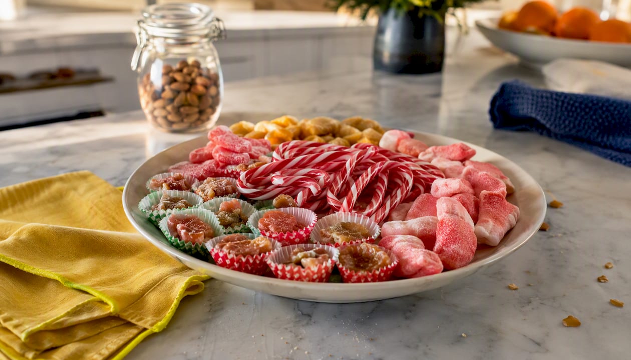 Assortment of Swedish Christmas candies on rustic table