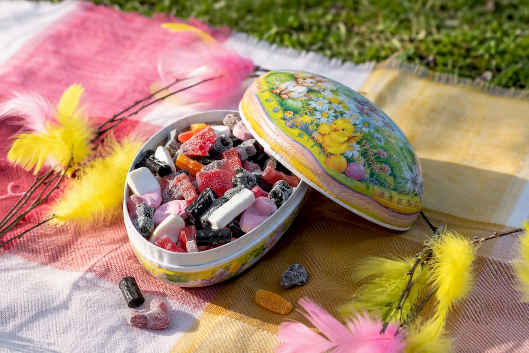 Open Swedish Easter candy-filled påskägg on table