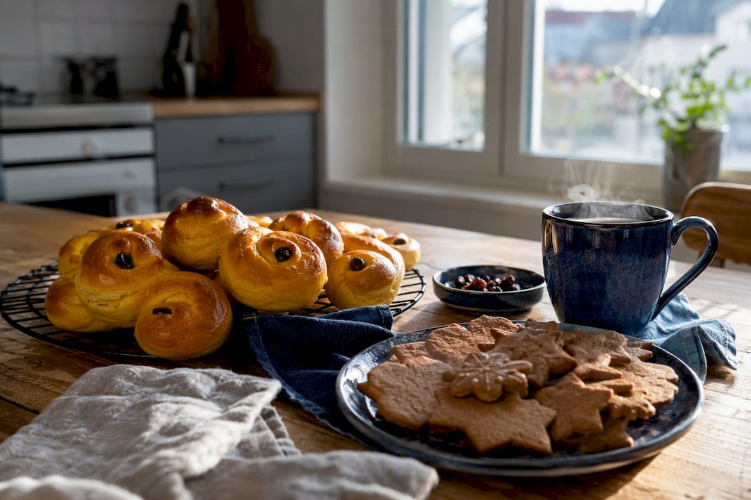 Tray of Swedish saffron buns and gingerbread