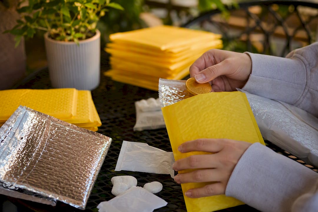 Hands packing Swedish chocolates with insulation