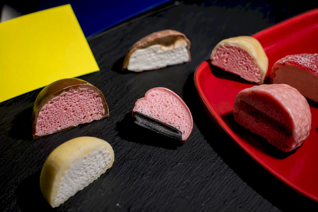 Cutaway Swedish candies showing contrasting textures