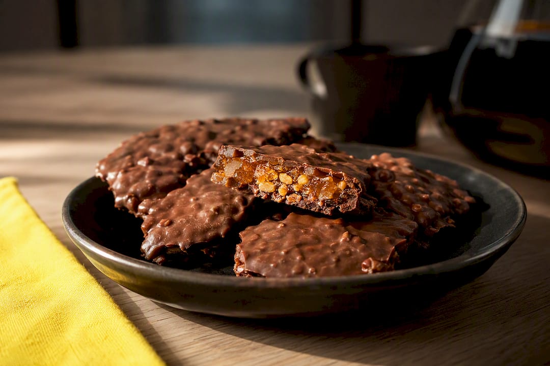 Broken chocolate pieces revealing almond caramel