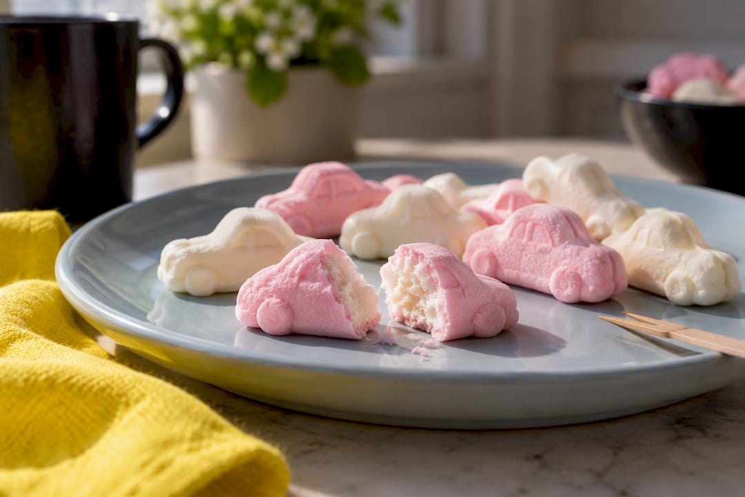 Car-shaped marshmallow candies on ceramic plate