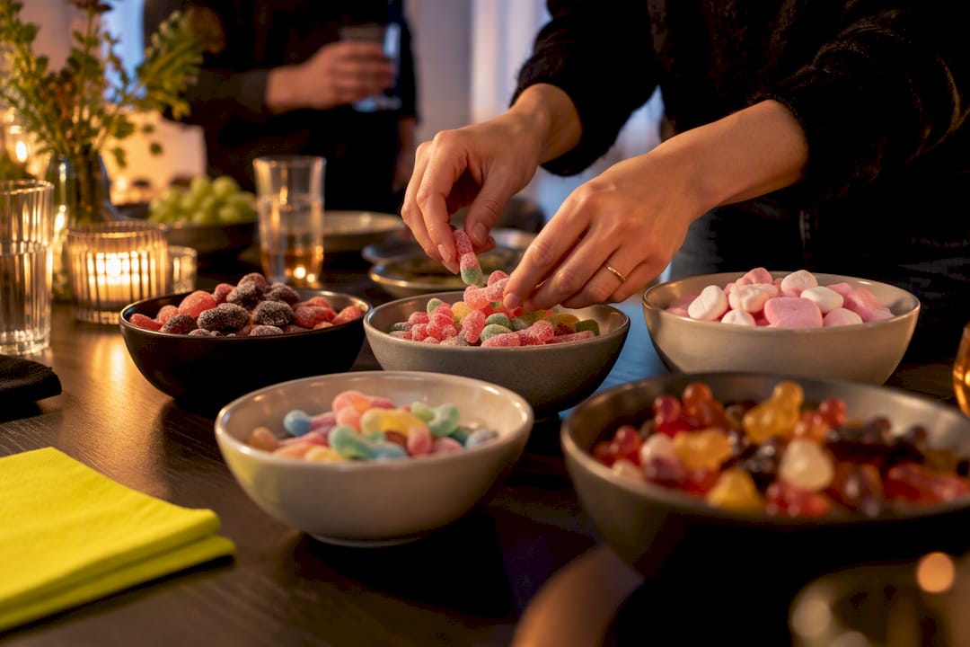 Hands arranging Swedish candy bowls