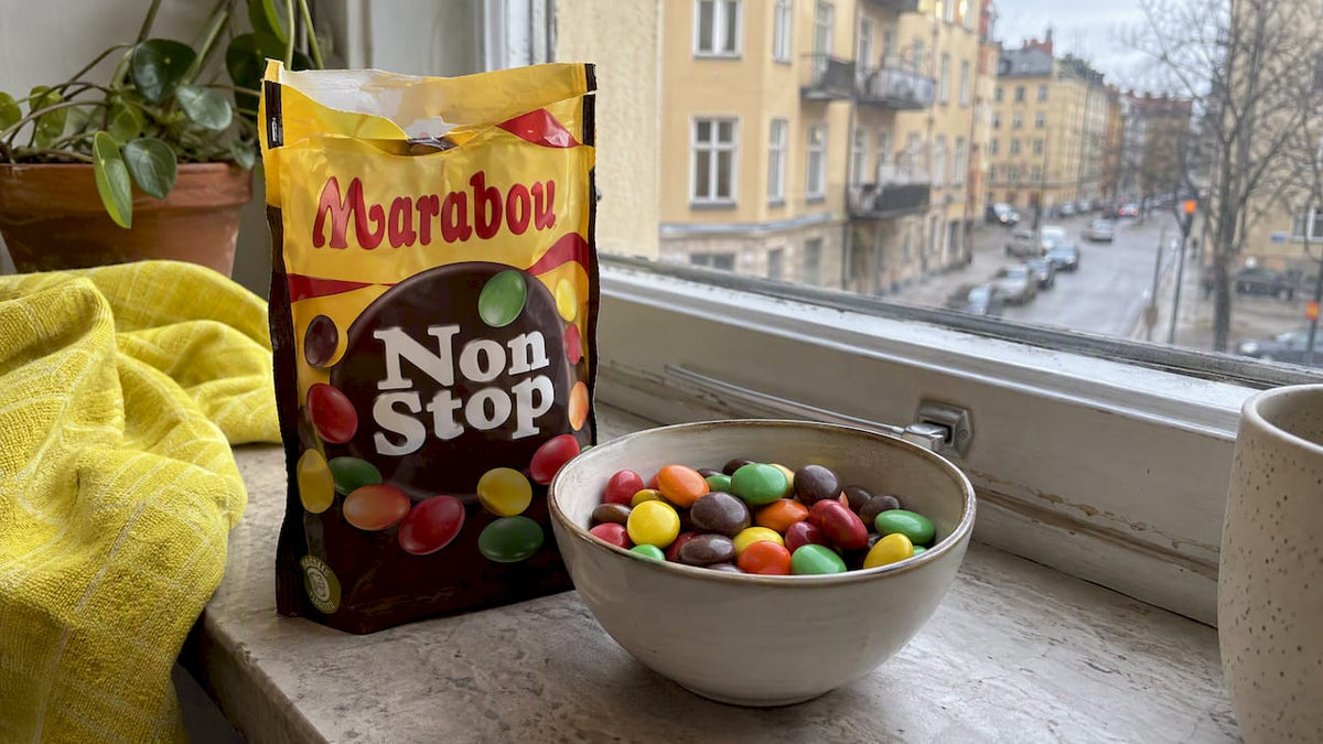 Marabou Non Stop candy package and buttons
