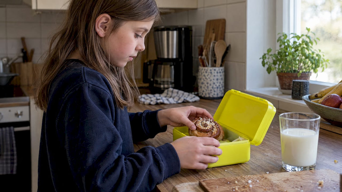 Child packing a cinnamon bun for school