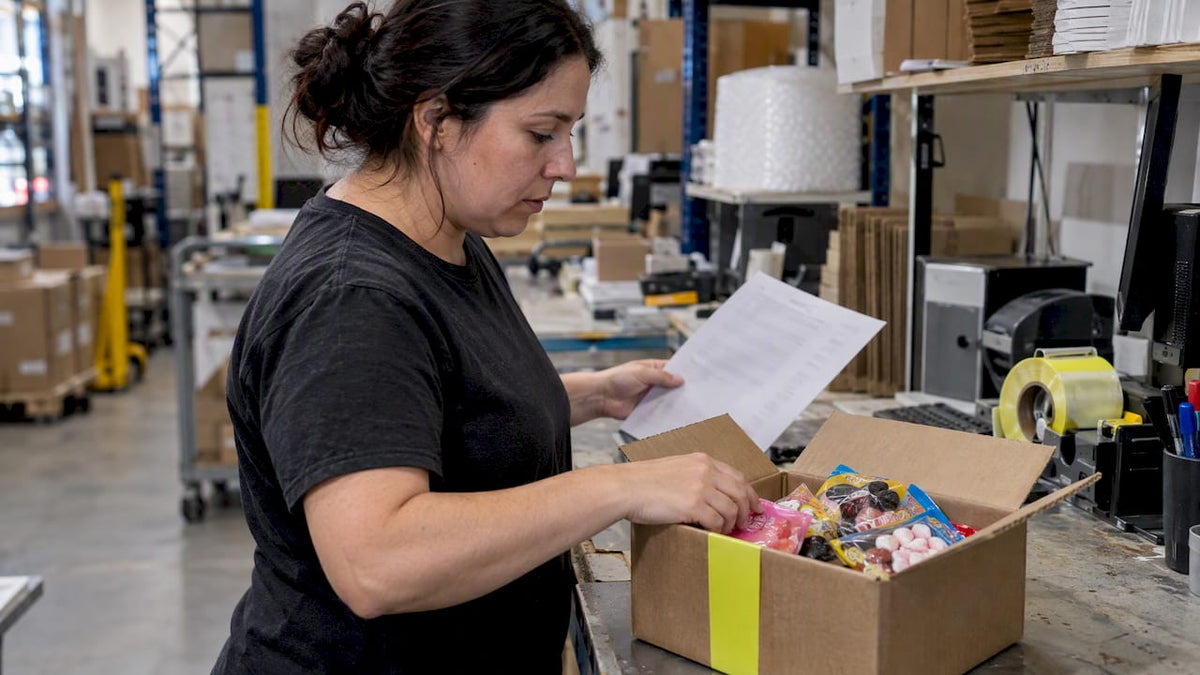 Worker checking customs paperwork beside candy parcel