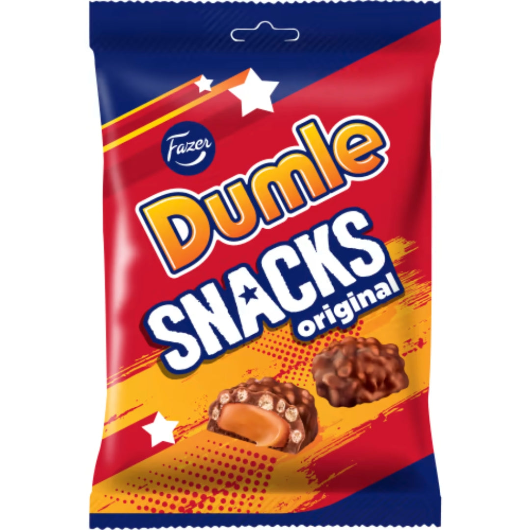 Fazer Dumle Snacks - Creamy Toffee and Crispy Rice Puffs Covered in Milk Chocolate 160g