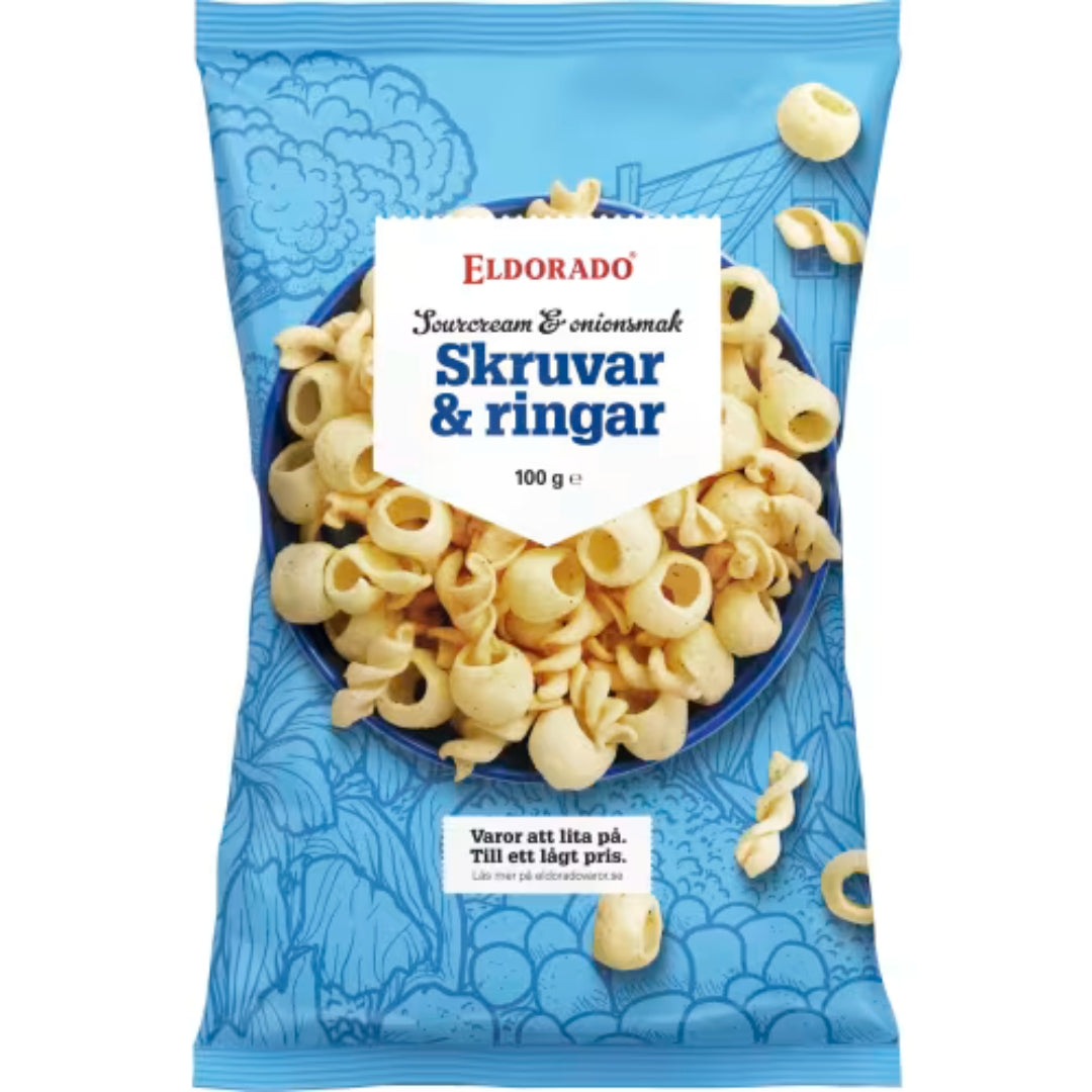 Eldorado Skruvar Sourcream & onion - Twists and Rings with Sour Cream and Onion Flavor 100g
