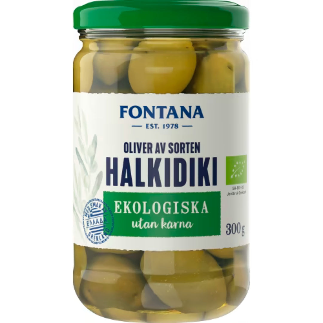 Fontana Halkidiki Oliver Utan Kärnor - Organic Green Halkidiki Olives 300g