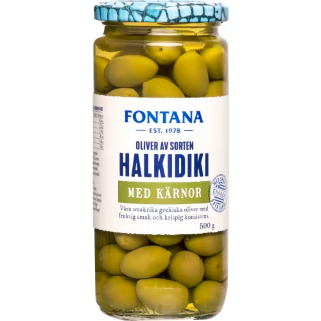 Fontana Halkidiki Oliver med Kärnor - Green Halkidiki Olives with Pits 500g
