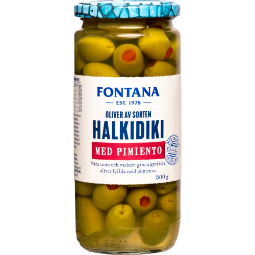 Fontana Halkidiki Oliver med Pimiento - Large Green Halkidiki Olives Stuffed with Pimiento 500g